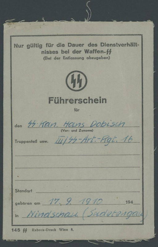 Deutschland 2. WK Waffen-SS und Polizei
 Führerschein Klasse II eines SS-Kanoni...