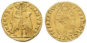 Italien-Venedig, Francesco Venier, 1554-1556, Zecchino, ohne Jahr, wellig, starke Henkelspur, Belegstück Fried. 1253 Paol. 1 3.43 g. s-ss