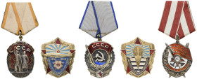 Ausland Russland
UdSSR schönes Lot aus fünf Orden, davon sind zwei Sammleranfertigungen, darunter Rotbannerorden, teilweise vergoldet und teilweise e...
