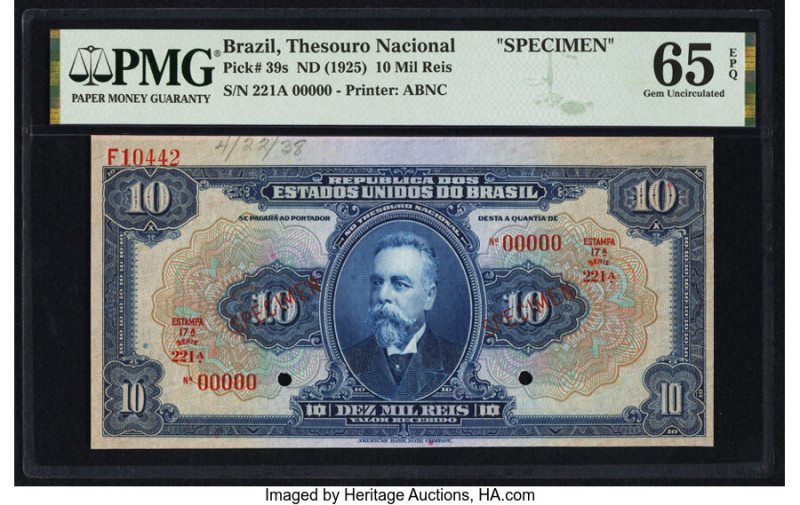 Brazil Thesouro Nacional 10 Mil Reis ND (1925) Pick 39s Specimen PMG Gem Uncircu...