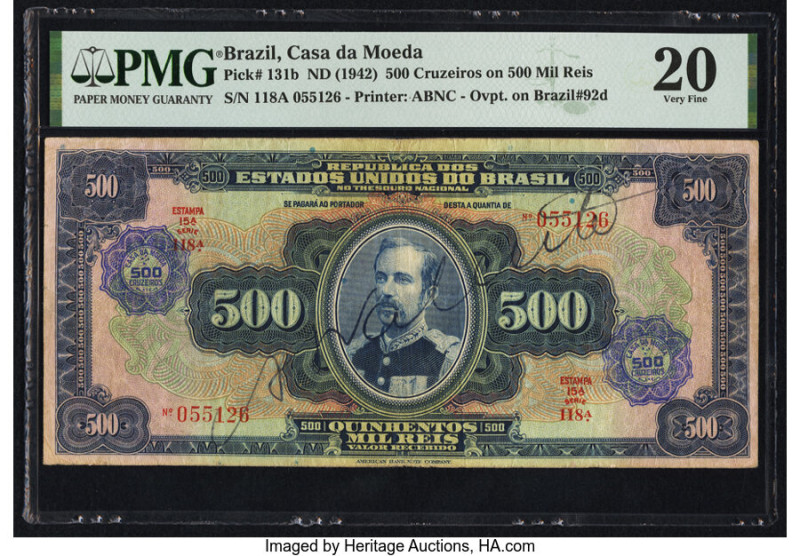 Brazil Casa da Moeda 500 Cruzeiros on 500 Mil Reis ND (1942) Pick 131b PMG Very ...