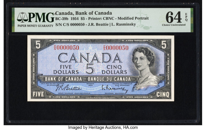 Low Serial Number 50 Canada Bank of Canada $5 1954 BC-39b PMG Choice Uncirculate...