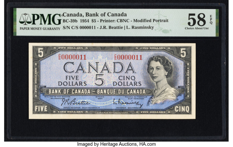 Low Serial Number 11 Canada Bank of Canada $5 1954 BC-39b PMG Choice About Unc 5...