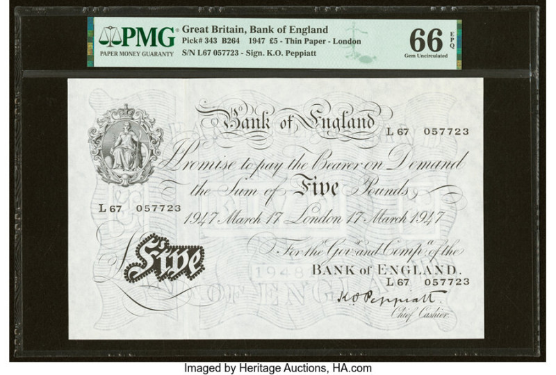 Great Britain Bank of England 5 Pounds 17.3.1947 Pick 343 PMG Gem Uncirculated 6...