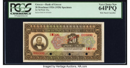 Greece Bank of Greece 20 Drachmai 1926 (1928) Pick 95s Specimen PCGS Very Choice New 64PPQ. Three POCs are present n this example. 

HID09801242017

©...