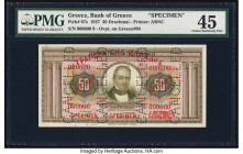 Greece Bank of Greece 50 Drachmai 1927 Pick 97s Specimen PMG Choice Extremely Fine 45. An annotation, red Specimen overprints and Cancelled perforatio...