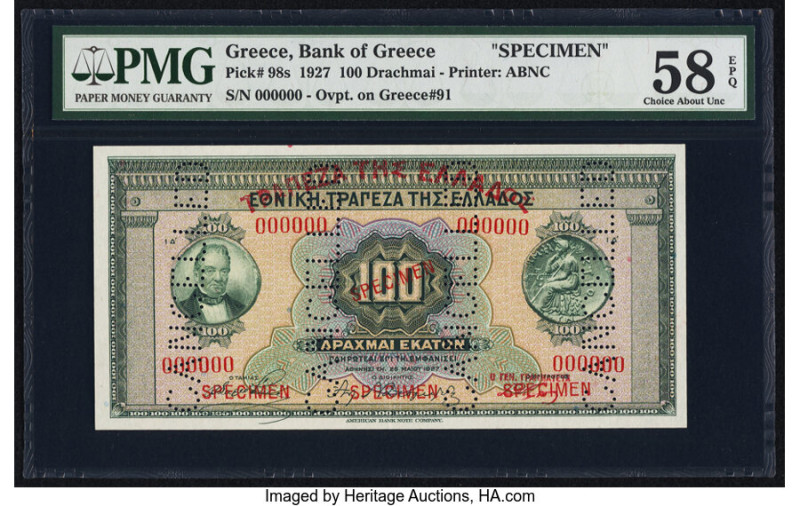 Greece Bank of Greece 100 Drachmai 1927 Pick 98s Specimen PMG Choice About Unc 5...