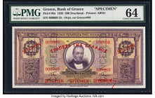 Greece Bank of Greece 500 Drachmai 1926 Pick 99s Specimen PMG Choice Uncirculated 64. Pinholes, red Specimen overprints and Cancelled perforations are...