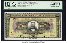 Greece Bank of Greece 1000 Drachmai 4.11.1926 (1928) Pick 100s Specimen PCGS Very Choice New 64PPQ. Three POCs are present on this example. 

HID09801...
