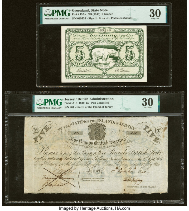 Greenland State Note 5 Kroner ND (1945) Pick 15Aa PMG Very Fine 30; Jersey State...