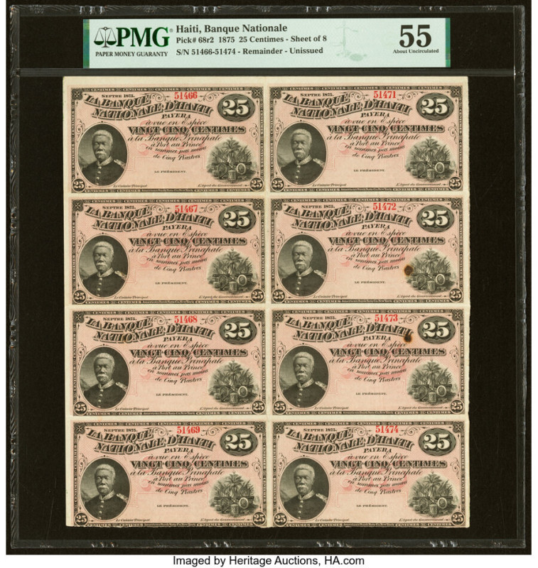 Haiti Banque Nationale d'Haiti 25 Centimes 1875 Pick 68r2 Remainder PMG About Un...