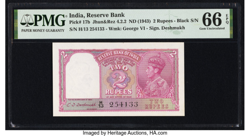 India Reserve Bank of India 2 Rupees ND (1943) Pick 17b Jhun4.2.2 PMG Gem Uncirc...