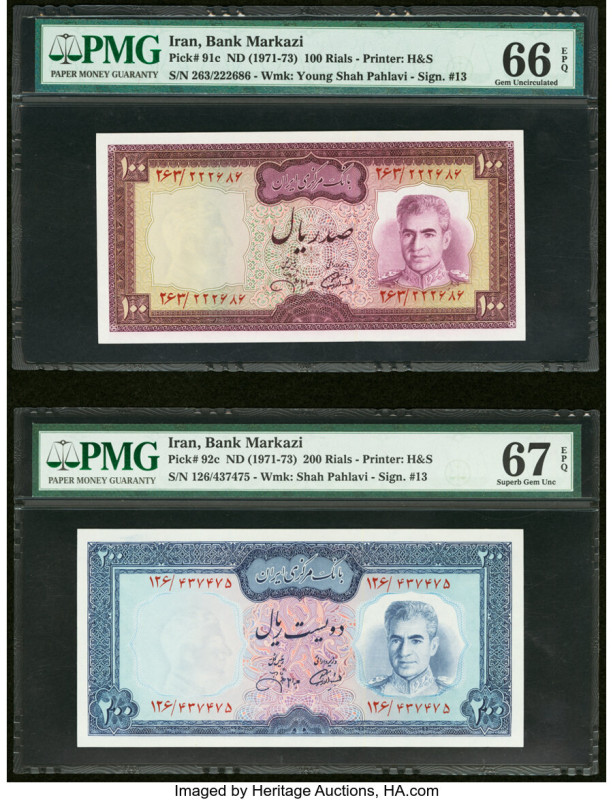 Iran Bank Markazi 100; 200 Rials ND (1971-73) Pick 91c; 92c Two Examples PMG Gem...