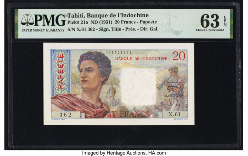 Tahiti Banque de l'Indochine 20 Francs ND (1951) Pick 21a PMG Choice Uncirculate...