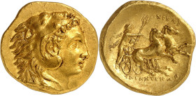 LE MONDE GREC
Calabre
Tarente, Pyrrhus, 281-272 av. J.-C. Statère d'or vers 276-272 av. J.-C. Tête d'Hercule à droite avec la léonté / Bige à droite...