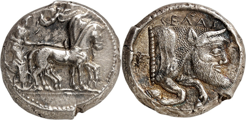 LE MONDE GREC
Sicile
Gela. Tétradrachme vers 480-470 av. J.-C. Quadrige au pas...