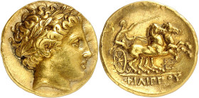 LE MONDE GREC
Royaume de Macédoine
Philippe II, 359-336 av. J.-C. Statère d'or vers 340-328 av. J.-C., Pella. Tête laurée d'Apollon à droite / Quadr...