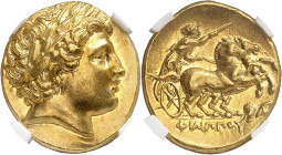 LE MONDE GREC
Royaume de Macédoine
Philippe II, 359-336 av. J.-C. Statère d'or posthume frappé sous Philippe III Arrhidée vers 323-317 av. J.-C., La...