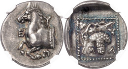 LE MONDE GREC
Thrace
Maronée. Tétrobole vers 398-385 av. J.-C. Protomé de cheval à gauche / Pampre avec grappe de raisin dans un grènetis carré. 2,8...