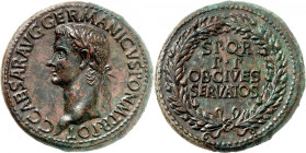 EMPIRE ROMAIN 
Caligula, 37-41. Sesterce vers 37-38, Rome. C·CAESAR·AVG·GERMANICVS·PON·M·TR·POT Tête laurée de Caligula à gauche. / SP.Q.R - P.P - OB...