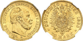 ALLEMAGNE
Prusse
Guillaume I, 1861-1888. 20 Mark 1888 A, Berlin. Tête nue à droite. Lettre d'atelier au-dessous / Armoiries sur une aigle aux ailes ...