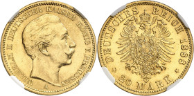 ALLEMAGNE
Prusse
Guillaume II, 1888-1918. 20 Mark 1888 A, Berlin. Tête nue à droite. Lettre d'atelier au-dessous / Armoiries sur une aigle aux ailes...