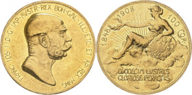 AUTRICHE / SAINT-EMPIRE
François-Joseph I, 1848-1916. 100 Corona 1908, Vienne. Tête nue à droite / L'Autriche assise à gauche dans les nuages, le bra...
