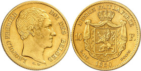 BELGIQUE
Royaume de Belgique
Léopold I, 1831-1865. 10 Francs 1850, Bruxelles. Tête nue à droite. Initiales du graveur au-dessous / Armoiries sur un ...