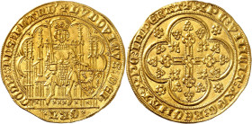 BELGIQUE
Flandres
Louis de Male, 1346-1384. Nouvelle chaise d'or au lion non datée, Gand. Le comte tenant une épée, assis dans une stalle gothique. ...