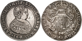 BELGIQUE
Flandres
Charles II, 1665-1700. Ducaton 1673, Bruxelles. DE POIDS DOUBLE. Buste drapé à droite / Ecu couronné soutenu par deux lions. Tranc...