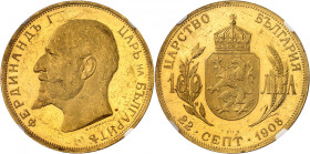 BULGARIE
Ferdinand I, 1908-1918. 100 Leva 1912. Tête nue du roi à gauche. Nom du graveur au-dessous / Ecu couronné coupant la valeur. Au-dessous, la ...