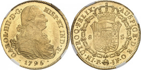 COLOMBIE
Charles IV, 1788-1808. 8 Escudos 1795 P-JF, Popayan. Buste drapé et cuirassé à droite. Date au-dessous / Armoiries couronnées coupant la val...