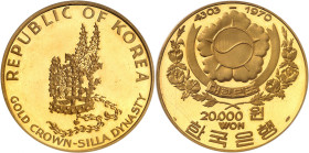 CORÉE DU SUD
République de Corée, 1948-. 20'000 Won 1970, Paris. Couronne de Silla / Armoiries. Au-dessous, à gauche, le poinçon de Paris. 77,44g. Fr...