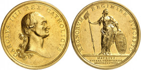 ESPAGNE
Charles IV, 1788-1808. Médaille en or de proclamation de 1789, par Pedro Gonzalez de Sepúlveda, Madrid. Buste nu du roi à droite / Figure fém...