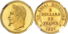 FRANCE
Epoque contemporaine
Second Empire, 1852-1870. 5 Dollars - 25 Francs 1867, Paris. ESSAI en OR par Barre. Tête laurée à gauche. Nom du graveur...