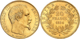 FRANCE
Epoque contemporaine
Second Empire, 1852-1870. 20 Francs 1854 A, Paris. Tête nue à droite. Nom du graveur au-dessous / Valeur et date dans un...