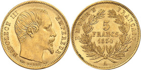 FRANCE
Epoque contemporaine
Second Empire, 1852-1870. 5 Francs 1854 A, Paris. PETIT MODULE. Tête nue à droite. Nom du graveur au-dessous / Valeur et...