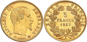 FRANCE
Epoque contemporaine
Second Empire, 1852-1870. 5 Francs 1857 A, Paris. GRAND MODULE. Tête nue à droite. Nom du graveur au-dessous / Valeur et...