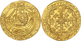 GRANDE BRETAGNE
Moyen-âge
Henri VI, premier règne, 1422-1461. Noble non daté, "Annulet issue", vers 1422-1430, Londres. Le roi en armes debout de fa...