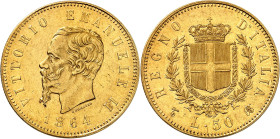 ITALIE
Royaume d'Italie
Victor-Emmanuel II, 1861-1878. 50 Lire 1864 T, Turin. Tête nue à gauche. Date au-dessous / Ecu de Savoie couronné, entouré d...