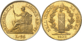 ITALIE
Gênes
République ligure, 1798-1805. 96 Lire An VI 1803. La République assise à gauche, le bras gauche reposant sur un écu ovale et la main dr...