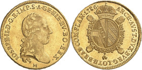 ITALIE
Milan
Joseph II, 1780-1790. Sovrano 1786 M, Milan. Buste lauré à droite. Lettre d'atelier au-dessous / Armoiries ovales couronnées, entourées...