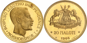 LESOTHO
Moshoeshoe II, 1966-1990. 20 Maloti 1966. ESSAI en OR. Tête nue de Moshoeshoe à droite / Armoiries, valeur et date. Tranche striée. 30,09g. K...