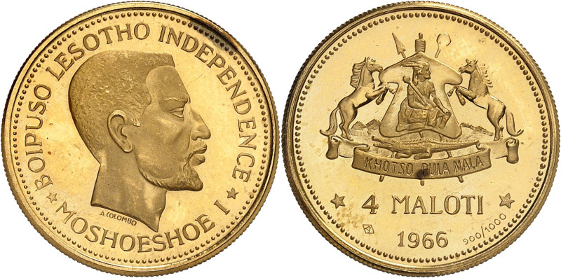 LESOTHO
Moshoeshoe II, 1966-1990. 4 Maloti 1966. ESSAI en OR. Tête nue de Mosho...