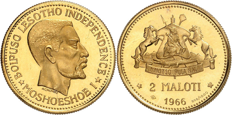 LESOTHO
Moshoeshoe II, 1966-1990. 2 Maloti 1966. ESSAI en OR. Tête nue de Mosho...