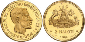 LESOTHO
Moshoeshoe II, 1966-1990. 2 Maloti 1966. ESSAI en OR. Tête nue de Moshoeshoe à droite / Armoiries, valeur et date. Tranche striée. 2,98g. KM ...