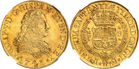 MEXIQUE
Philippe V, 1724-1746. 8 Escudos 1743 Mo, Mexico. Buste cuirassé du roi à droite / Ecu couronné et entouré du collier de l'ordre de la Toison...