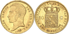 PAYS-BAS
Royaume des Pays-Bas
Guillaume I, 1815-1840. 10 Gulden 1833. Tête nue du roi à gauche / Ecu couronné. Valeur de part et d'autre. Tranche in...