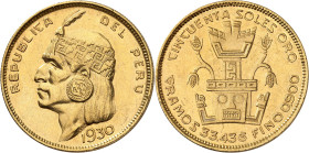 PEROU
République, 1821-. 50 Soles 1930. Tête d'Inca à gauche. Date à l'exergue / Sculpture inca. Tranche striée. 33,45g. KM 219.

Superbe. NGC MS61...
