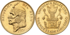 PEROU
République, 1821-. 50 Soles 1931. Tête d'Inca à gauche. Date à l'exergue / Sculpture inca. Tranche striée. 33,43g. KM 219.

Superbe. NGC MS62...